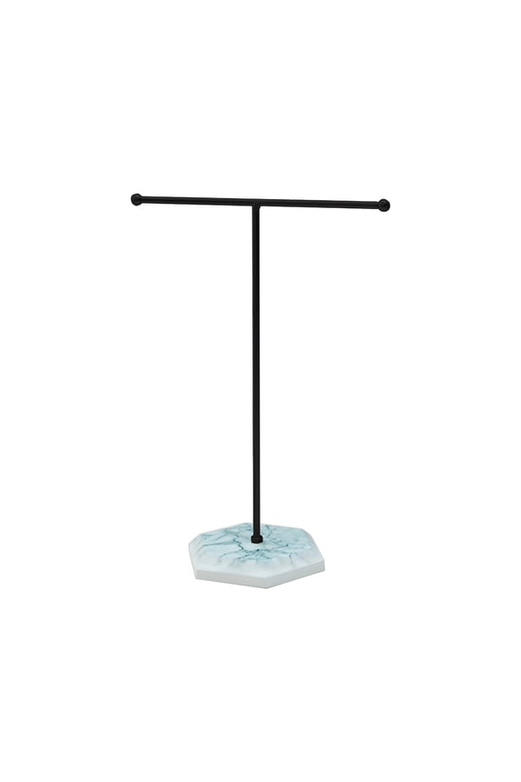 Jewelry Stand Display Necklace Holder T-Bar Plated Metal Tabletop Jewelry Organizer Tower for Show Jewelry Hanging Pendant Earring Bracelet Ring Accessories with Black Marble Plywood Base.
