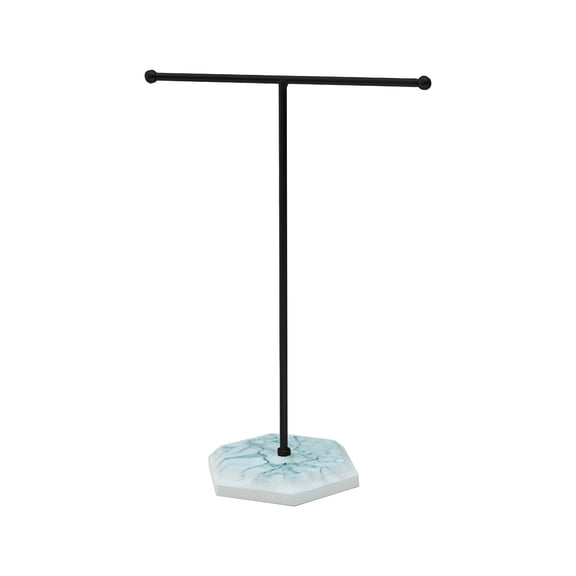 XIBUFE Jewelry Stand Display Necklace Holder T-Bar Plated Metal Tabletop Jewelry Organizer Tower for Show Jewelry Hanging Pendant Earring Bracelet Ring Accessories with Black Marble Plywood Base.