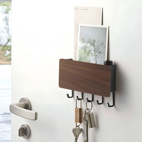 XIBUFE Key Holder, Mail, Letter And Key Organizer Wall Mounted with 5 Hooks, Decorative Wood Aluminum Key Chain Rack Hanger for Entryway, Door, Kitchen, Hallway, Foyer Entryway Hooks