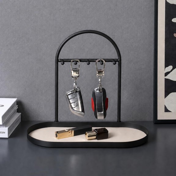 XIBUFE Key Holder Tray,Metal Stand with Leather Tray,5 Hooks(Metal Stand with Leather Tray,5 Hooks Key Holder Stand Cream)| Keys and Jewelry Organizer