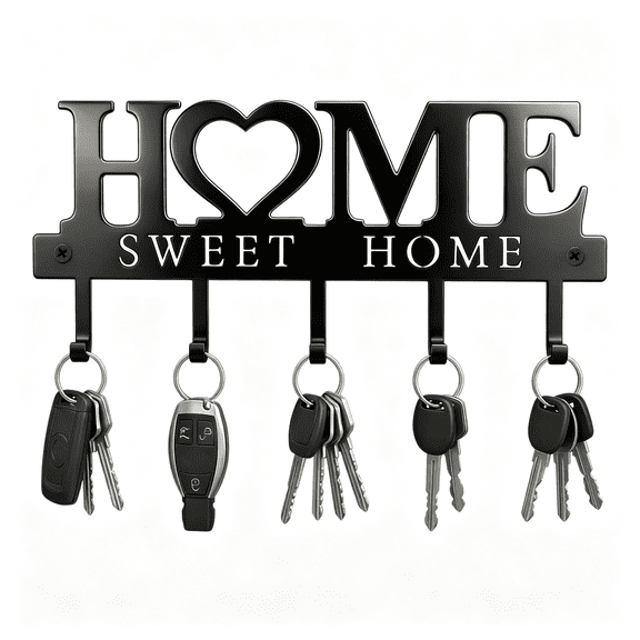 XIBUFE Key Holder for Wall with 5 Hooks, Wall Mounted Metal Key Rack Organizer, Home Sweet Home Heart Decor Key Hooks for Entryway, Mudroom, Kitchen, Dog Leashes, Coats, Housewarming Gift, Black