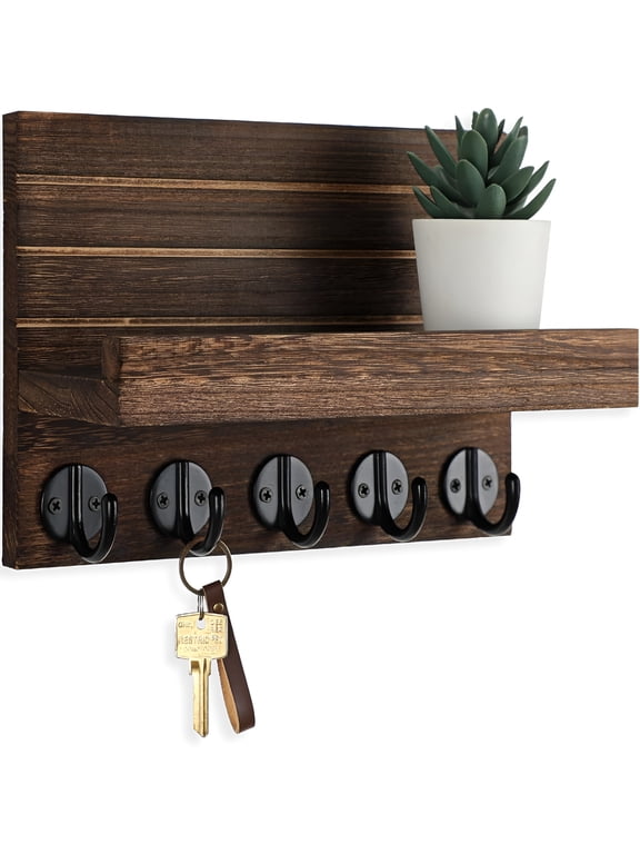 Key Holder for Wall, Decorative Key and Mail Holder with Shelf Has Large Hangers for Bags, Coats, Umbrella Paulownia Wood Key Hanger with Mounting Hardware