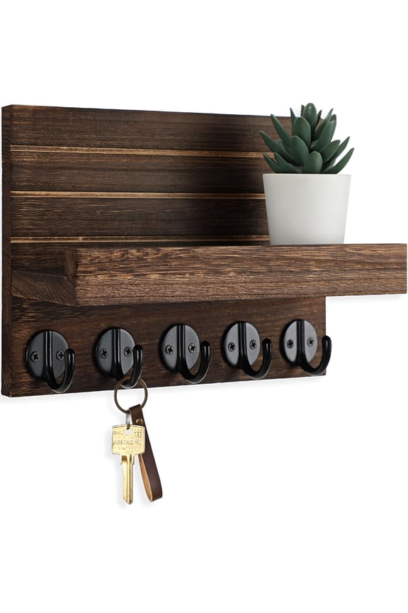 Key Holder for Wall,Decorative Key and Mail Holder with Shelf Has Large Key Hooks for Bags,Coats  Paulownia Wood Key Hanger with Mounting Hardware (9.8W X 6.7H X 4.2D) (Brown)