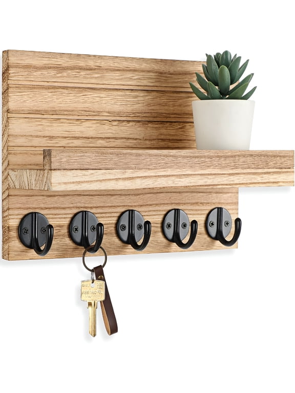 Key Holder for Wall,Decorative Key and Mail Holder with Shelf Has Large Key Hooks for Bags,Coats Paulownia Wood Key Hanger with Mounting Hardware (9.8W X 6.7H X 4.2D) (Burnt Wood)