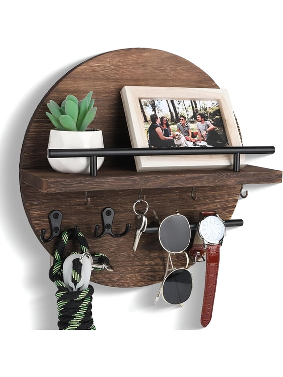 Key Holder for Wall,Decorative Key and Mail Holder with Shelf Has Large Key Hooks for Bags,Coats Paulownia Wood Key Hanger with Mounting Hardware