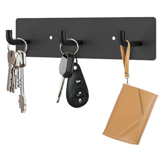 XIBUFE Key Holder Wall Mount, Small Metal Self Adhesive Key Rack with 3 Hooks, Easy Installation, Black