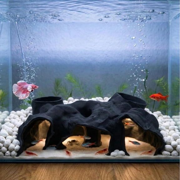 XIBUFE Large Aquarium Tunnel&Cave(9.5"L),3D Printed Substrate Viewer Fish Hideout with Wide Top Entrances,Tank Decor for Small Fish,Corydoras,Betta&Shrimp-Set with 3 Mini Accessories(Black)