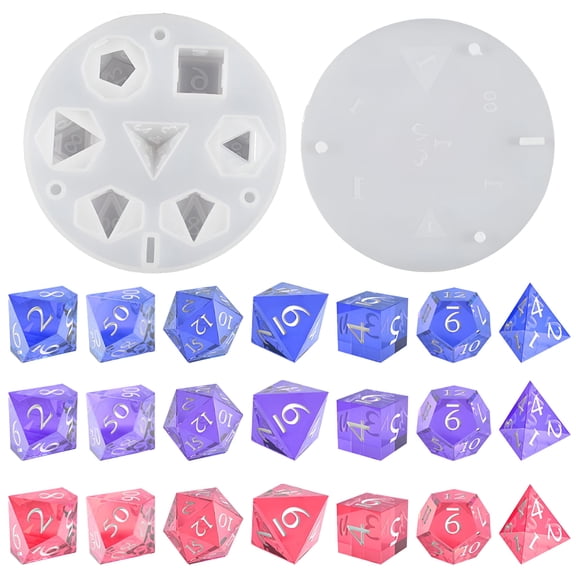 XIBUFE Large Dnd Dice Resin Molds, 7 Cavities Polyhedral Silicone Mold for Epoxy Casting, Stereoscopic Design Tabletop Board Game Craft Set with Cover for Halloween Decor