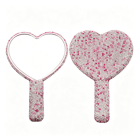 XIBUFE Large Heart Handheld Mirror with Handle 6.3X4.3 Inch Glitter Rhinestone Hand Held Mirror Portable Travel Cosmetic Lash Mirror for Women Wedding Birthday Pink