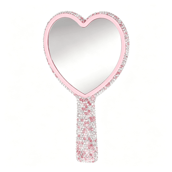 XIBUFE Large Heart Handheld Mirror with Handle,Pink Glitter Rhinestone Handheld Mirror,Portable Travel Lash Mirror Handheld,Cosmetic Makeup Mirror for Women Wedding Birthday Gift 6.3 X 4.3 in