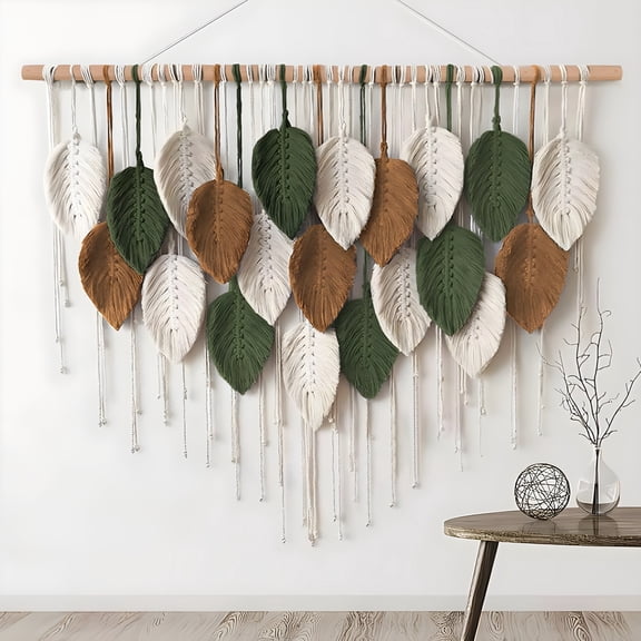 XIBUFE Large Macrame Wall Hanging Boho Woven Tapestry,Chic Home Decor Modern Bohemian Handmade Leaf Feather Wall Art Decorations for Apartment Dorm Bedroom Nursery Backdrop 39"W X 29.5"L