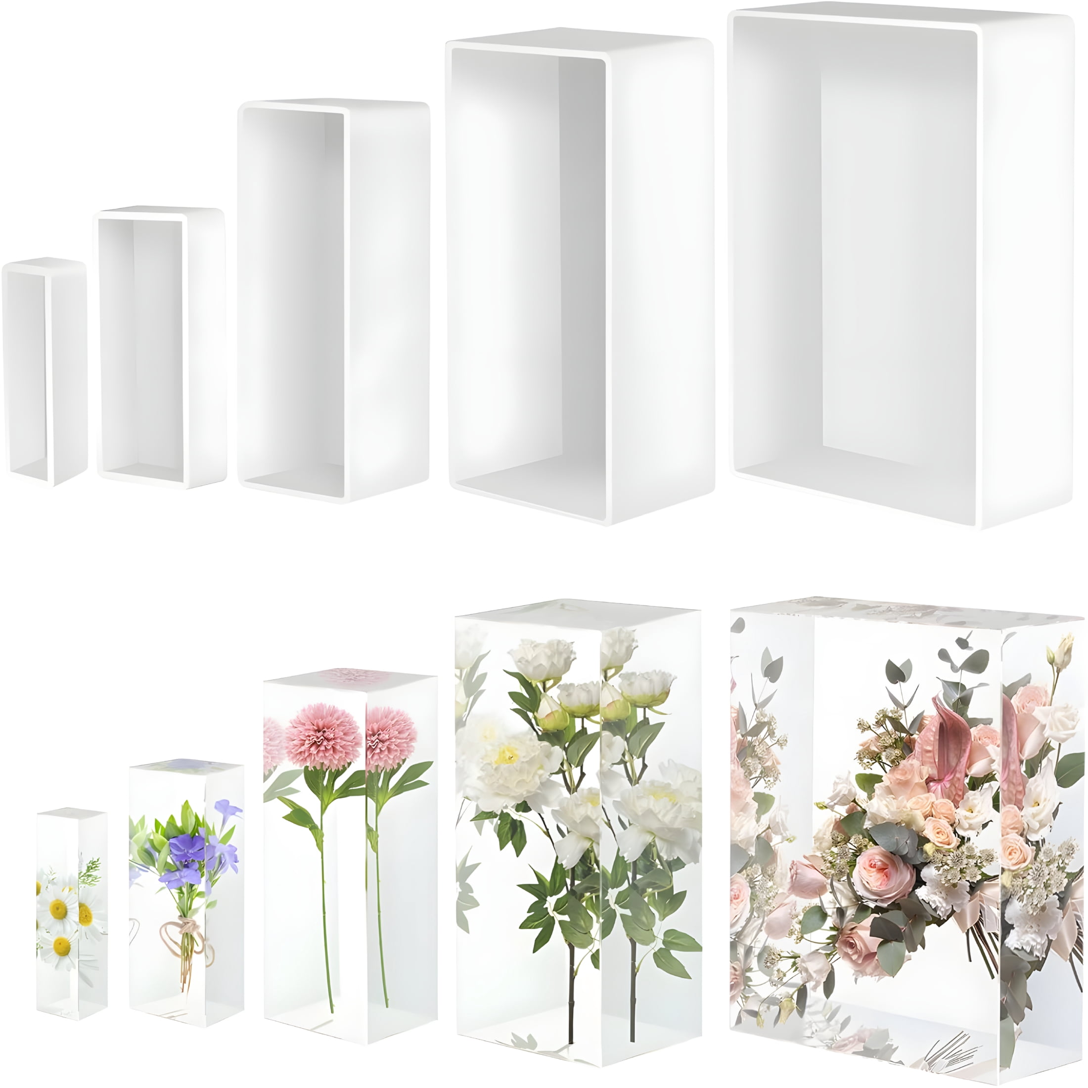 XIBUFE Large Resin Molds, Rectangle Silicone Molds for Epoxy Resin, 5 PCS Cuboid Resin Moulds with Wooden Support, Deep Casting Molds for Preserving Flowers, Insect Specimens