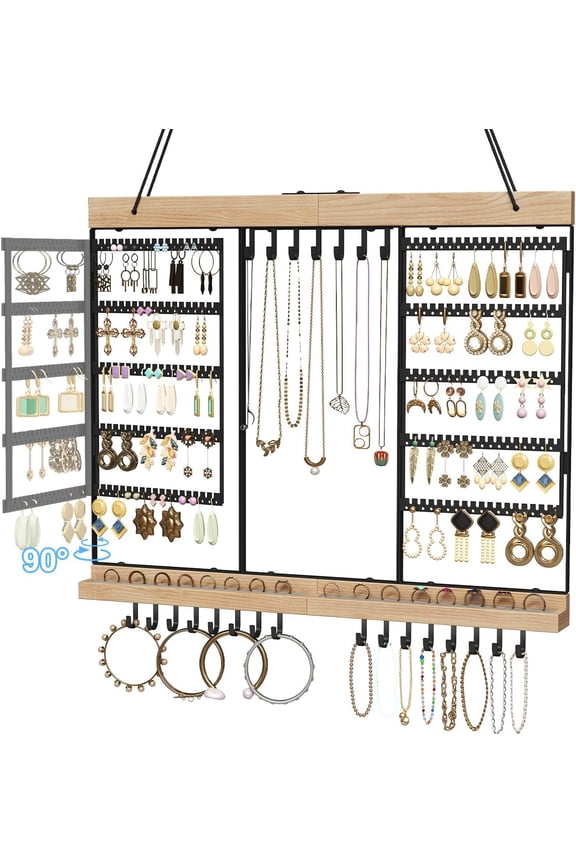 Large Rotating Hanging Jewelry Organizer, 5-Tier Earring Holder Storage Holds up to 180 Pairs, Wall Mounted Jewelry Rack for Earrings, Necklaces, Bracelets and Rings, for Girls, Black