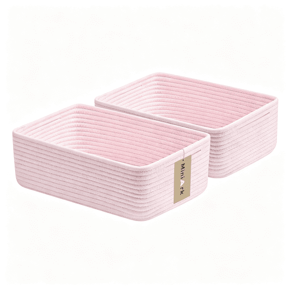 XIBUFE Large Shallow Organizing Baskets 15X11X5.1 Inches-Rope Woven Storage Bins for Bathroom,Shelves,Cube Closet,Pink Storage Bins Light Pink 2 Packs