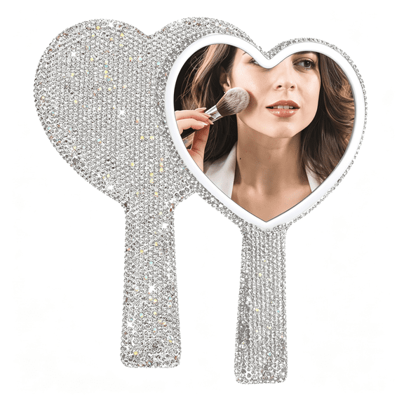 XIBUFE Lash Mirror Handheld,Rhinestone Heart Handheld Mirror for Lashes Portable Travel Cosmetic Mirrors with Glass & Rhinestones (Silver,6.5 X 4.3 In)