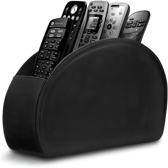 XIBUFE Leather Remote Control Holder with 5 Compartments TV Remote Caddy Storage Box/Tray,Desktop Organizer Store Controller,Glasses,Media Player,Pen,Space Saver for Bedside Table/Office Desk (Black)