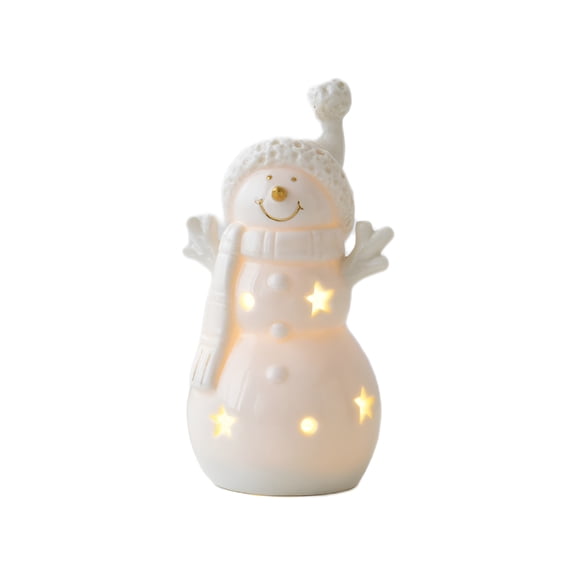 XIBUFE Light Up White Ceramic Snowman Decor Led Lighted Porcelain Snowman Figurines Tabletop Battery Operated for Christmas Gifts Winter Fireplace Mantel Table Centerpiece Decorations