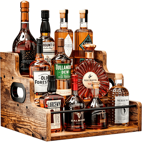 XIBUFE Liquor Bottle Display Shelf, Coffee Syrup Rack Organizer, 3 Step Countertop Liquor Wine Rack, mini bar, liquor cabinet, Home Retro Bar Shelf Stand for Liquor Whiskey, Spirits