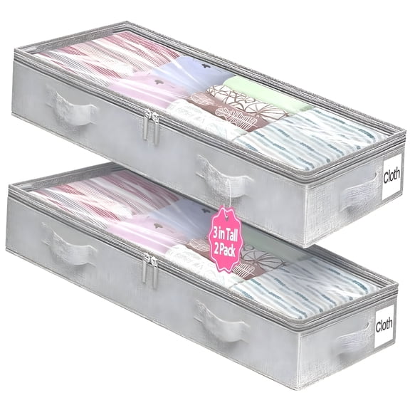 XIBUFE Low Profile under Bed Storage, 3 Inches High Underbed Storage Containers Bins, Foldable Clothes Storage and Organizer with Lid & Zipper, Shallow Storage for Low Bed Couch