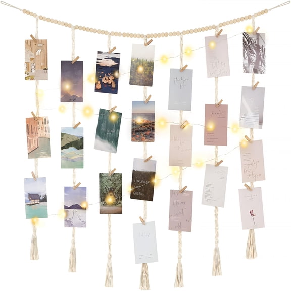 XIBUFE Macrame Hanging Photo Display Wall Decor with String Lights,Wooden Beads Garland Collage Picture Card Frame Holder with 45 Clips for Bedroom Living Room Dorm