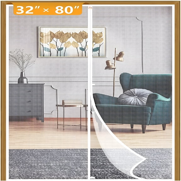 XIBUFE Magnetic Screen Door for 32"X80" Doors, Screen Size 34"X81", High Density Screen Mesh with Windproof Hasp Design for Front/Back Walk through Door, White