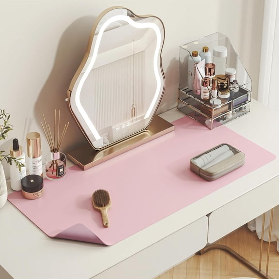 XIBUFE Makeup Mat for Vanity,Dual-Sided Leather Vanity Pad,Waterproof Oilproof & Easy to Clean,Pink Desk Protector for Dressing Table,Dual-Sided Leather Vanity Essentials