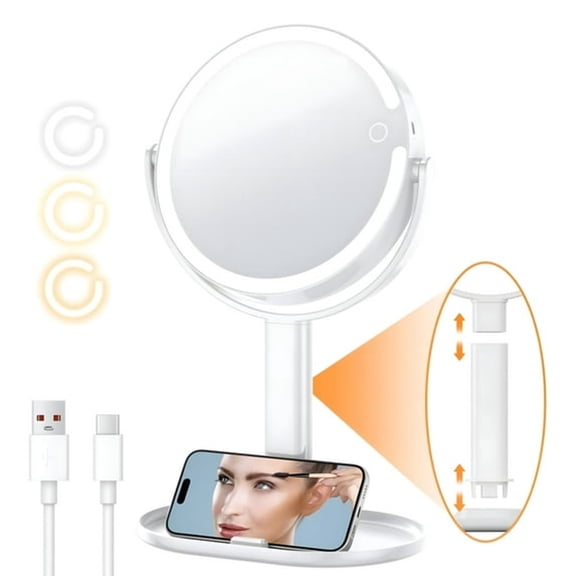 XIBUFE Makeup Mirror with Lights,8 Inch Lighted Makeup Mirror with 10X Magnification,Rechargeable 3 Colors Led Light Brightness Adjustable Vanity Mirror,360Rotation Double Sided Make Up Mirror