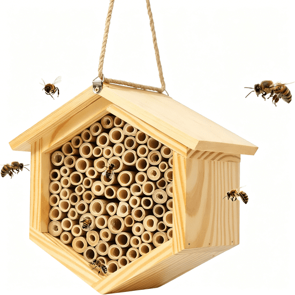 XIBUFE Mason Bee House Native Bee Hive Hexagon Bee House Handmade Wooden Mason Bee Box Habitat Home Hotel with Tubes-Attracts Peaceful Bee Pollinators to Enhance Your GardenS Productivity