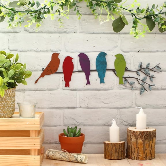XIBUFE Metal Bird Wall Art - Birds on Branch with Leaves - Metal Sculpture Wall Hanging Sign for Balcony, Garden, Home Decor Outdoor Metal Wall Art Metal Art Wall Decor (Fresh Colors)