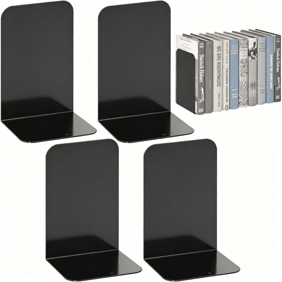 XIBUFE Metal Bookends 2 Pairs,Black Book Ends,Bookends for Shelves,Book Stopper for Heavy Books,Book Dividers for Home Office School Supplies