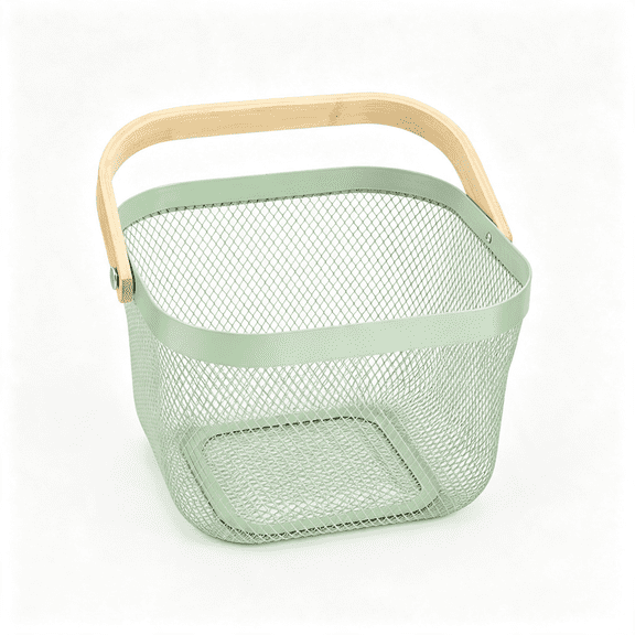 XIBUFE Metal Mesh Steel Basket, Storage Organizer Basket Multi-Functional Hanging Kitchen Basket Fruit Basket Bin with Bamboo Handle, 9.84 X 10.2 X 7 Inch, Mint Green