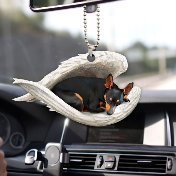 XIBUFE Miniature Pinscher Sleeping Angel Animal Pet Dog Farmhouse 2D Flat Car Rear View Mirror Accessories Christmas Tree Ornament Decoration Hanging Charm Interior Rearview Pendant Decor Gift