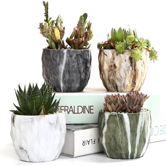 XIBUFE Modern Style Marbling Ceramic Flower Pot Succulent/Cactus Planter Pots Container Bonsai Planters with Hole 3.35 Inch(4 in Set)Plants Not Included