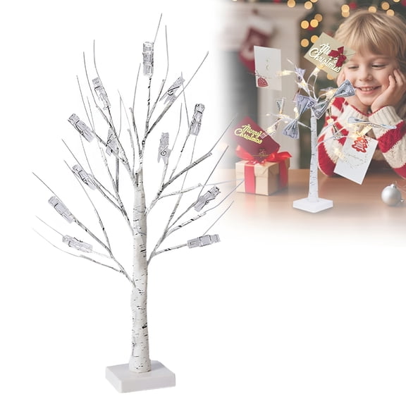XIBUFE Money Tree Gift Holder,24 Led Birch Tree with 12 Clear Clips,Battery Or Usb Powered Lighted Gift Card Tree Holder for Photo Cash Lottery Christmas Thanksgiving Halloween Birthday,23.6"