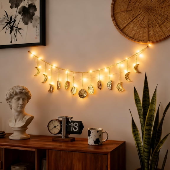 XIBUFE Moon Phase Wall Decor with Led String Lights,Gold Hammered Metal Celestial Wall Hanging Sun and Moon Decor