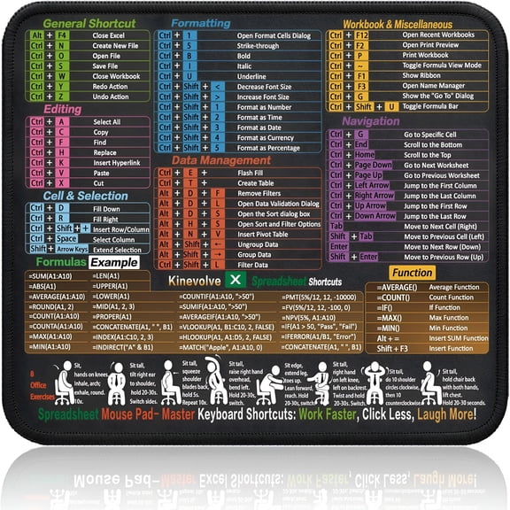 XIBUFE Mouse Pad for Excel Shortcuts Small Excel Spreadsheet Cheat Sheet Desk Pad 11.8"x9.8" Portable Computer Mousepad Gaming, Office, Waterproof, Non-Slip, Stitched Edges