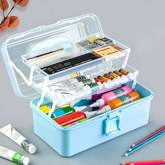 XIBUFE Multi-Layer Folding Organizer Box with Handle, Large Capacity Storage Case for Paint Brushes, Sewing & Craft Supplies, DIY Projects