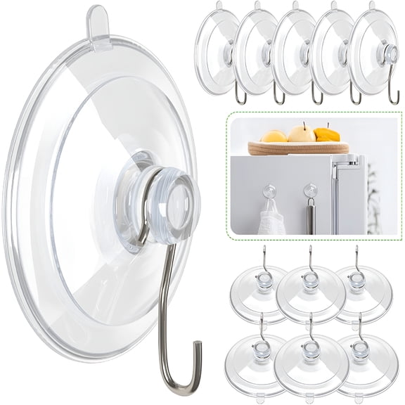 XIBUFE Multi-Purpose Suction Cup Hooks, 12 Pack Clear Reusable PVC Sucker Pads with Metal Hook, Heavy Duty Plastic Suction Hooks for Bathroom Kitchen Shower Wall Window Glass Door (1.77 Inches)