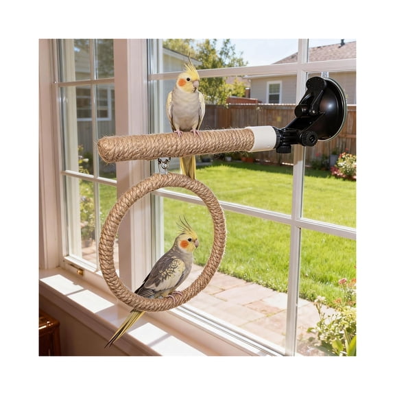 XIBUFE Natural Flax Bird Perch Stand with Strong Suction Cups | Movable Parrot Training Perch for Window/Mirror/Car/Tiles | Universal for Budgie, Cockatiel, Conure (Perch Stand with Swing)