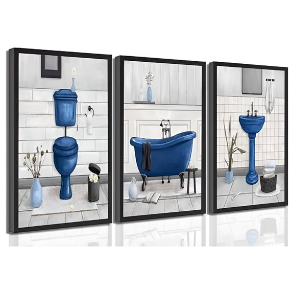 XIBUFE Navy Blue Bathroom Canvas Wall Art Paintings Fun Blue Bathtub and Toilet Paintings Pictures Wall Decor Posters Print Artwork for Washroom Restroom Home DecorationOnly canvas
