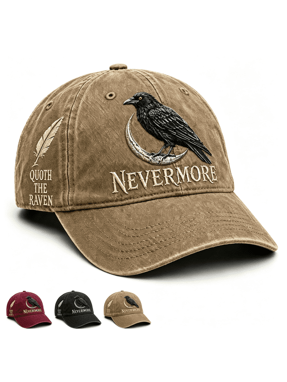 Nevermore Raven Vintage Cap Gothic Bird Lover Hat, Gothic Raven Baseball Cap with Crescent Moon, Unisex Adjustable Hat Gothic nevermore