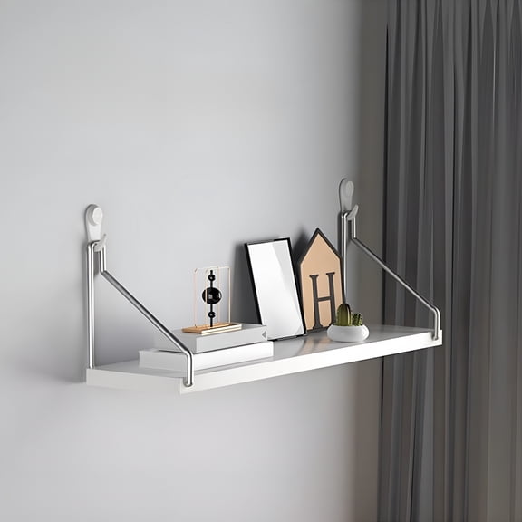 XIBUFE No-Drill Wall Shelf with Adhesive Strips and 30Lb Capacity,Wooden Bedside Router Projector Mount for Bedroom Living Room,Damage-Free Floating Bookshelf for Renters