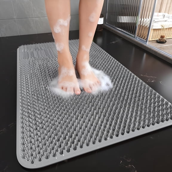 XIBUFE Non Slip Shower Mat,16X27 Exfoliating Foot Scrubber Mat with Suction Cups and Drain Holes,Quick Drying Soft Bathtub Mat,Machine Washable Drainage Bathroom Mat,Grey