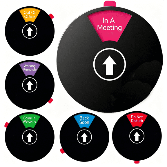 XIBUFE Office Door Signs,Rotating Status Door Sign - Do Not Disturb,Out of Office,in A Meeting,Back Soon,Working Remotely,Welcome Come in - Dual Mounted Fit for Door,Wall Or Window (Black)