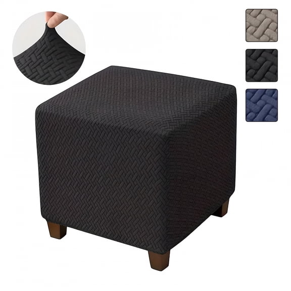 XIBUFE Ottoman Cover Square Folding Storage (13"- 18") L X (15"- 18") H Ottoman Slipcovers Jacquard Stretch Cube Footrest Foot Stool Covers Protector with Elastic Band (Black)