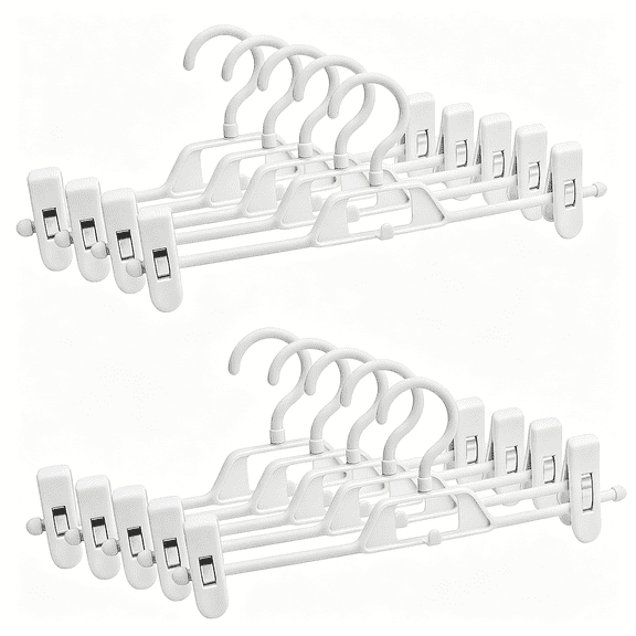 XIBUFE Pants Hangers with Clips Non Slip Hangers for Skirts, 10 Pack Stackable Plastic with Adjustable Clips Rotating Hooks