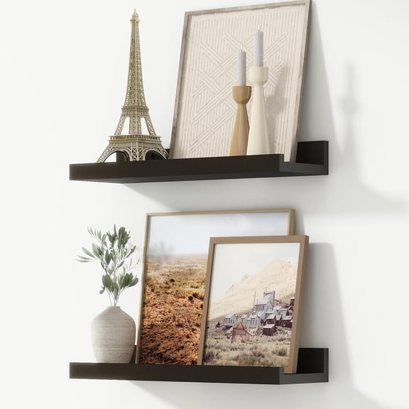 XIBUFE Picture Ledge Shelf, Floating Shelves Set of 2, 16 Inches Nursery Book Shelves for Toys Storage, Kids Bookshelf Wall Mounted for Living Room Bedroom Decor Books Photo Frames, Black