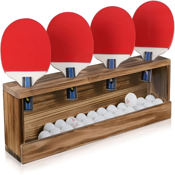 XIBUFE Ping Pong Paddle Storage Rack - Table Tennis Racket Display Wall Mounted Holder for 4 Paddles and Balls in Bar,Game Room,Office Break Room,Garage,Bedroom,Home - Rustic Burnt
