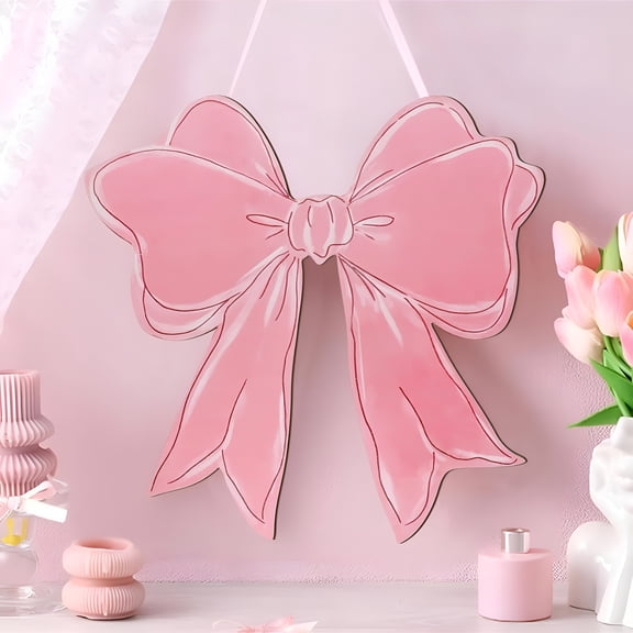 XIBUFE Pink Bow Wooden Hanging Sign Coquette Bow Wall Hanging Hanger Cute Preppy Wall Art Bowknot Welcome Door Sign Girly Decor for Girls Room College Dorm Apartment Indoor Outdoor Porch