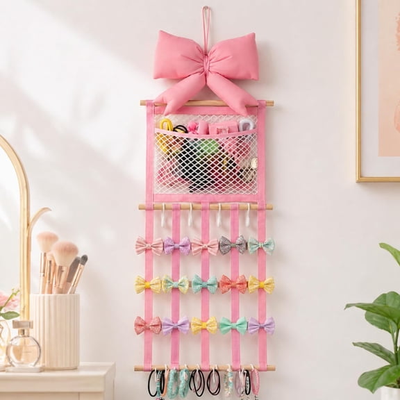 XIBUFE Pink Hair Bows Holder Headband Organizer for Girls, Mesh Pocket | Long Baby Hair Clips Accessories Display Storage Hanging Wall Decor with Hooks Gift for Nursery Toddler Girls Room